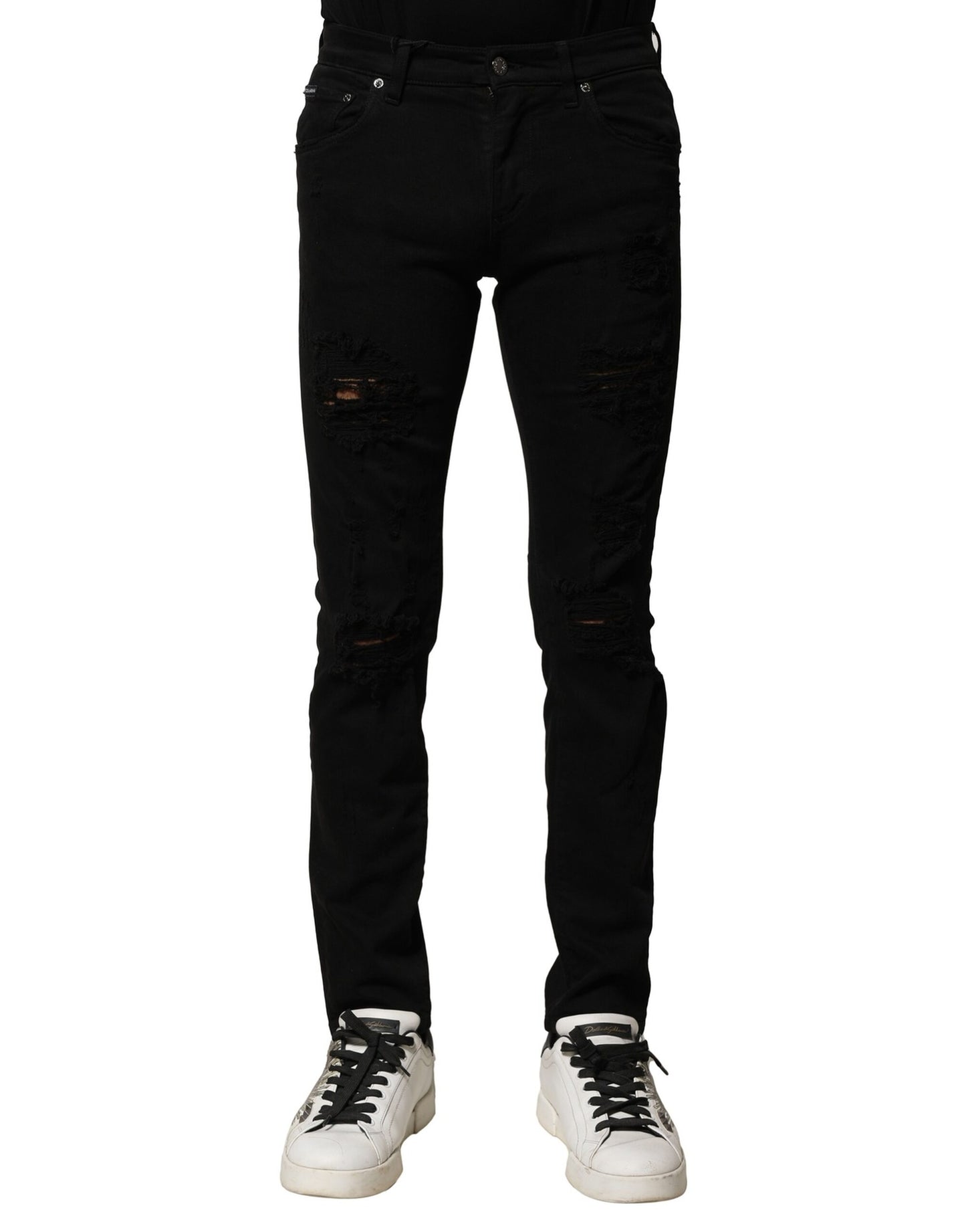 Dolce &amp; Gabbana svarta bomullslogotypplakett smala denimjeans