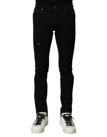 Dolce &amp; Gabbana svarta bomullslogotypplakett smala denimjeans