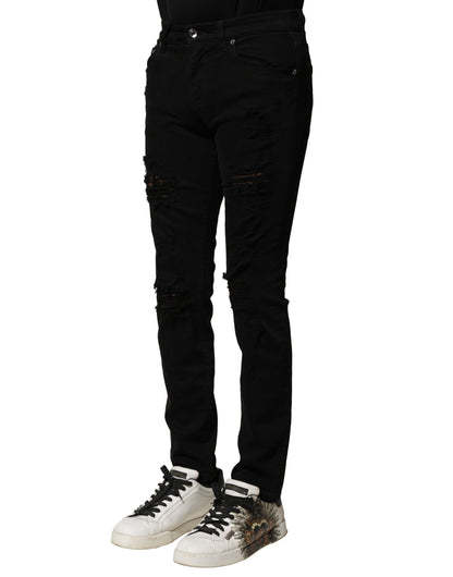 Dolce &amp; Gabbana svarta bomullslogotypplakett smala denimjeans