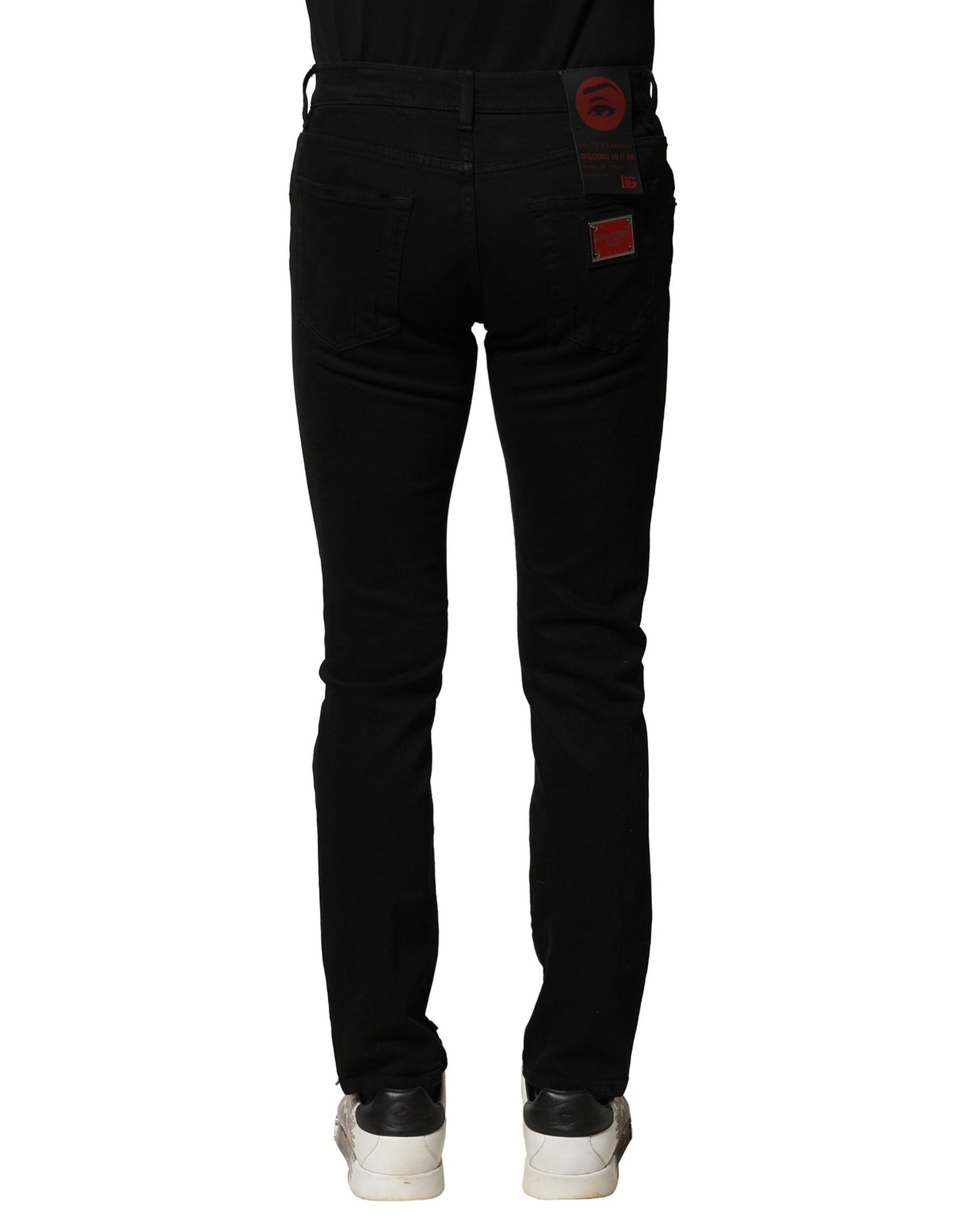 Dolce &amp; Gabbana svarta bomullslogotypplakett smala denimjeans