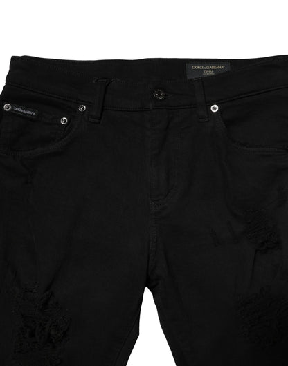 Dolce &amp; Gabbana svarta bomullslogotypplakett smala denimjeans