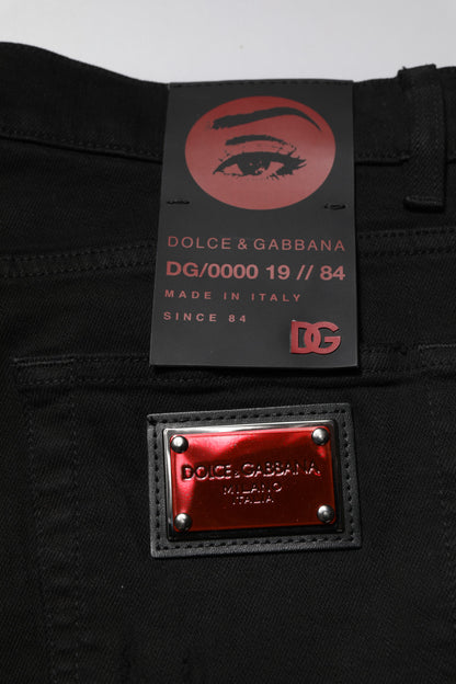 Dolce &amp; Gabbana svarta bomullslogotypplakett smala denimjeans