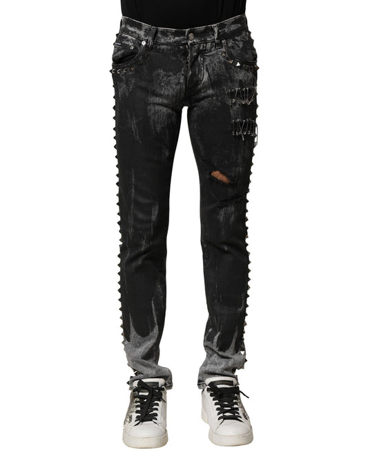 Dolce &amp; Gabbana svarte, vaskede, utsmykkede skinny denimjeans