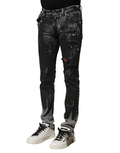 Dolce &amp; Gabbana svarta tvättade utsmyckade skinny denimjeans