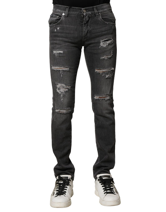 Dolce &amp; Gabbana svarte, vaskede, fillete, slim fit denimjeans