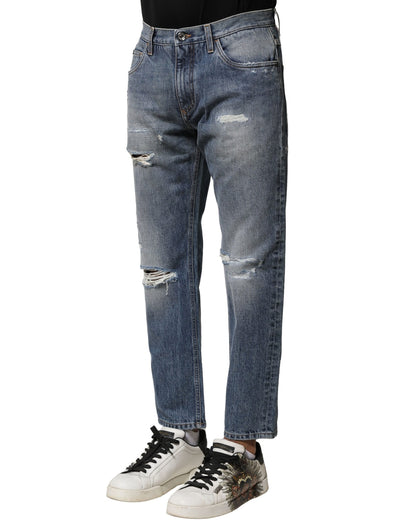 Dolce &amp; Gabbana Blå Tvättade Trasiga Raka Jeans med Rak Passform