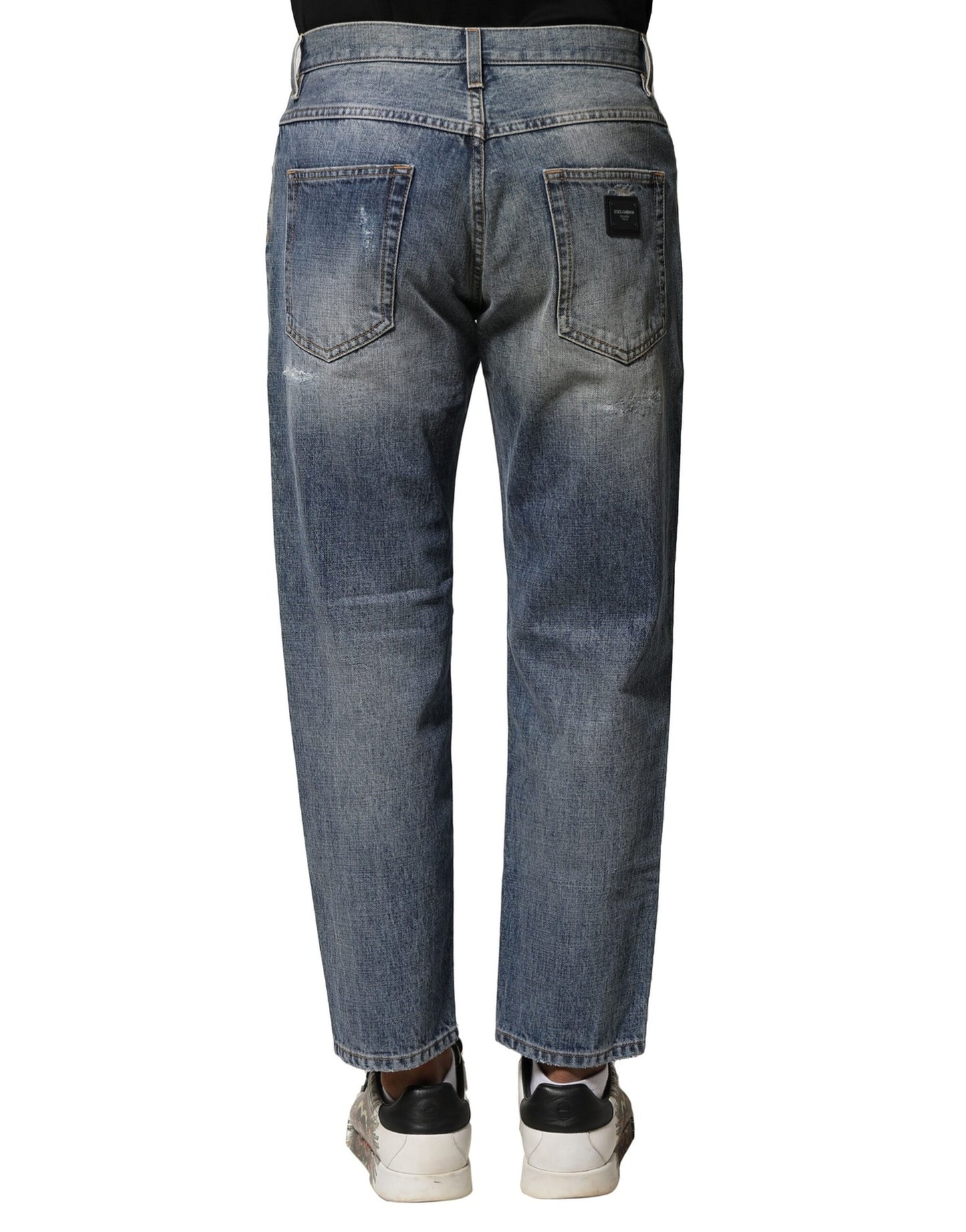 Dolce &amp; Gabbana Blå Tvättade Trasiga Raka Jeans med Rak Passform