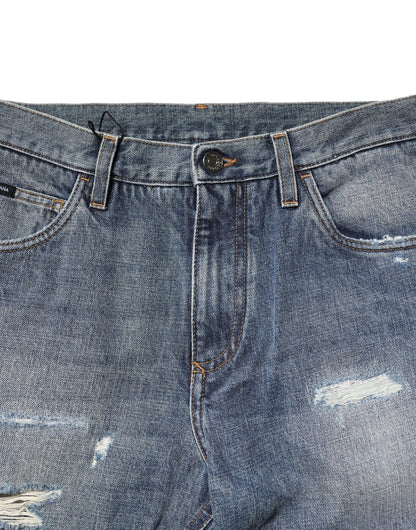 Dolce &amp; Gabbana Blå Tvättade Trasiga Raka Jeans med Rak Passform