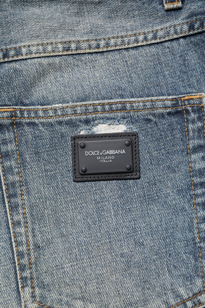 Dolce &amp; Gabbana Blå Tvättade Trasiga Raka Jeans med Rak Passform