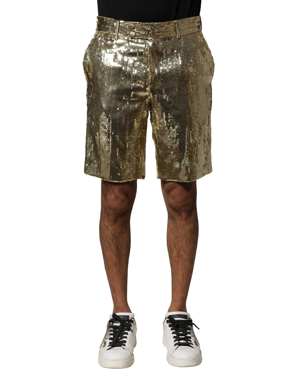 Guldfärgade paljettfärgade polyesterutsmyckade bermudashorts
