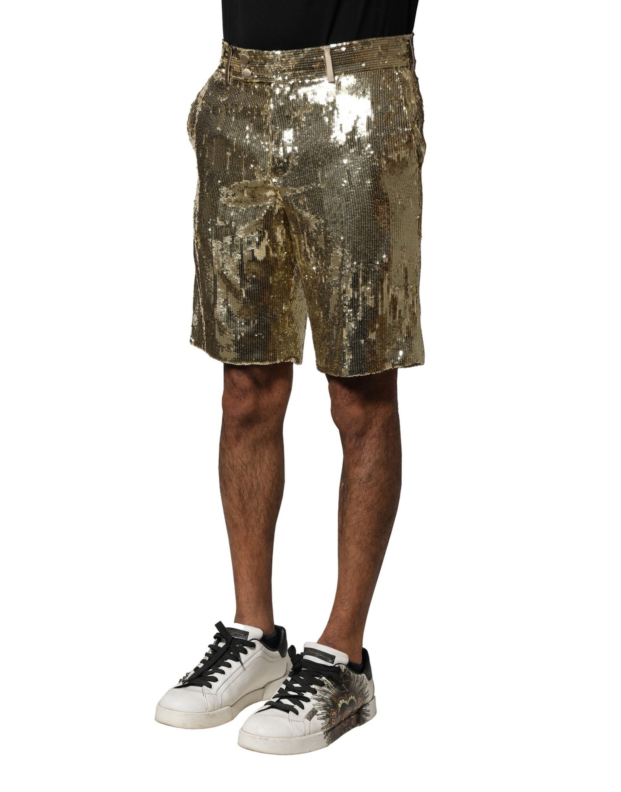 Dolce & Gabbana Gold Sequin Polyester Embellished Bermuda Shorts