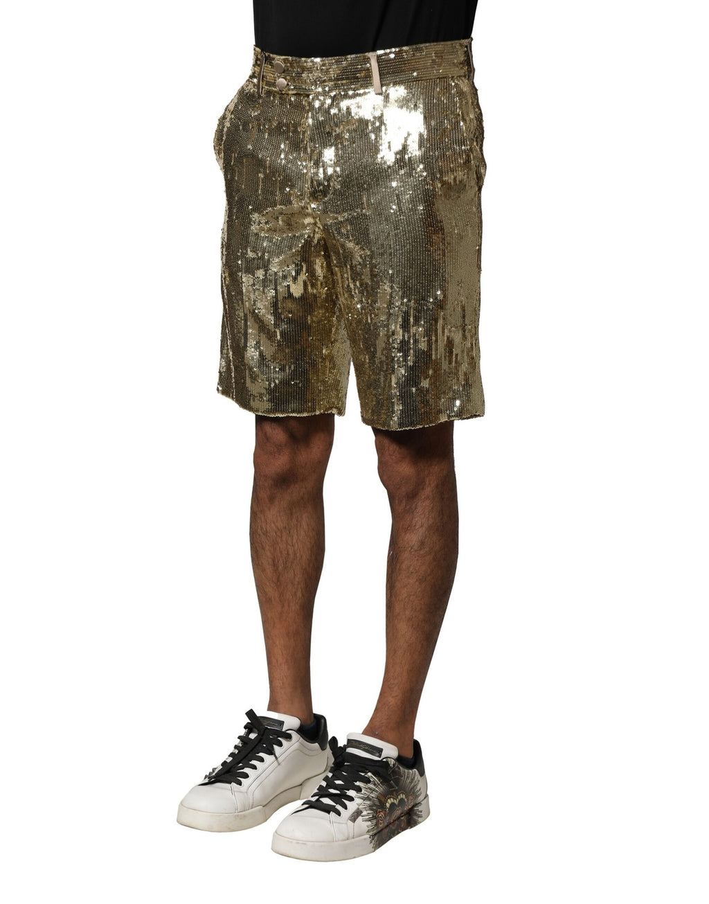 Guldfärgade paljettfärgade polyesterutsmyckade bermudashorts