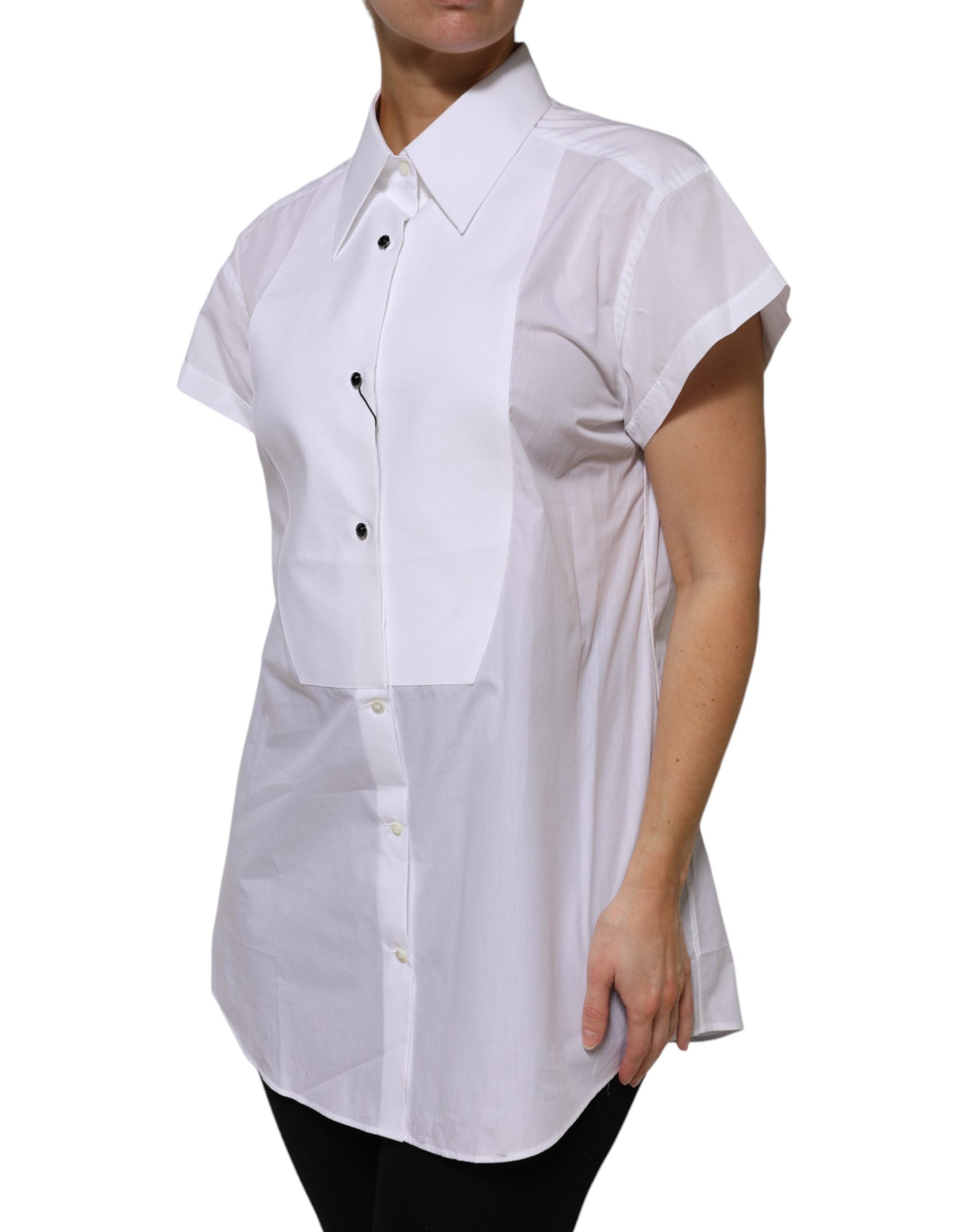 Dolce & Gabbana White Cotton Collared Short Sleeves Top