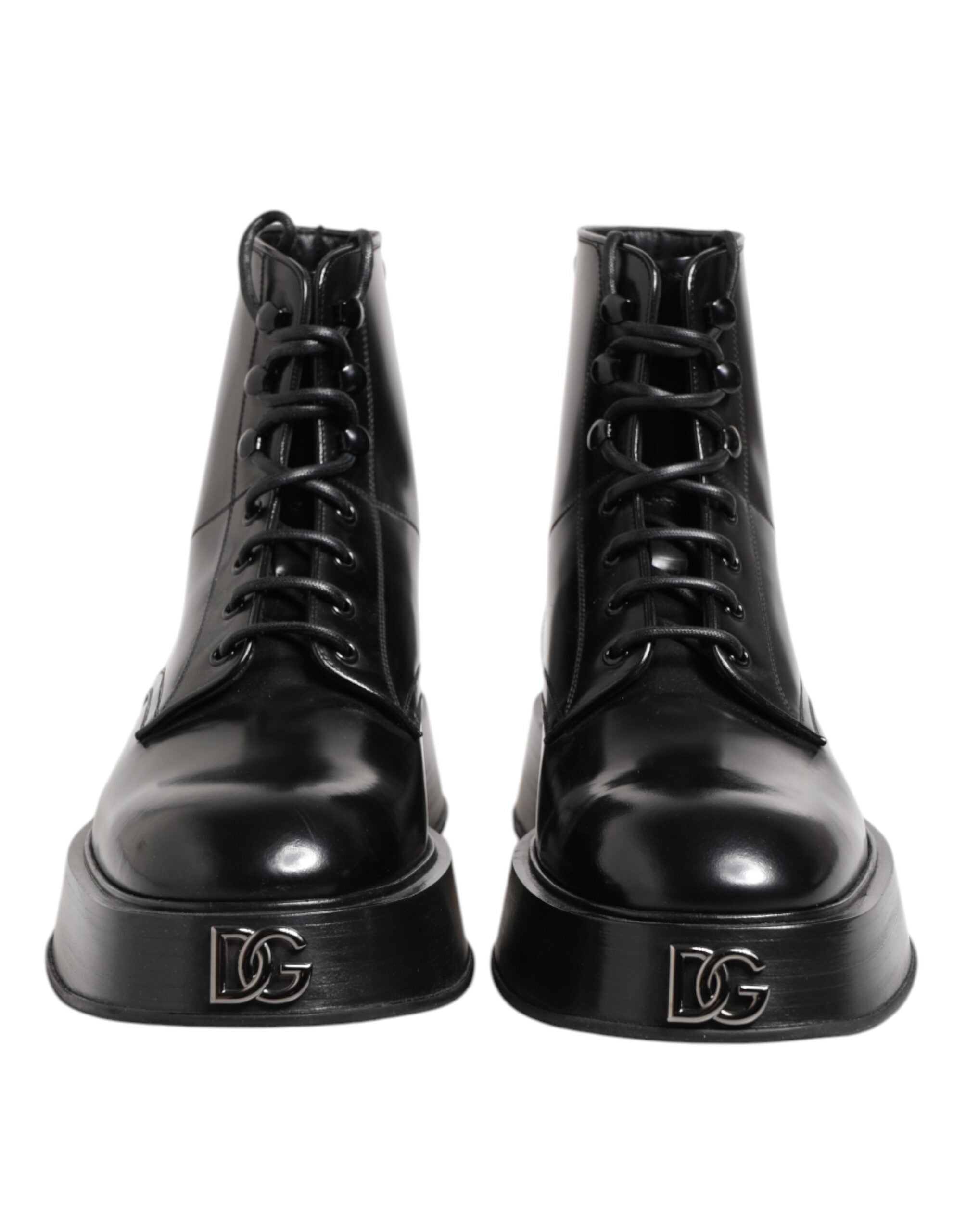 Dolce & Gabbana Black Leather Logo Ankle Boots Lace Up Shoes
