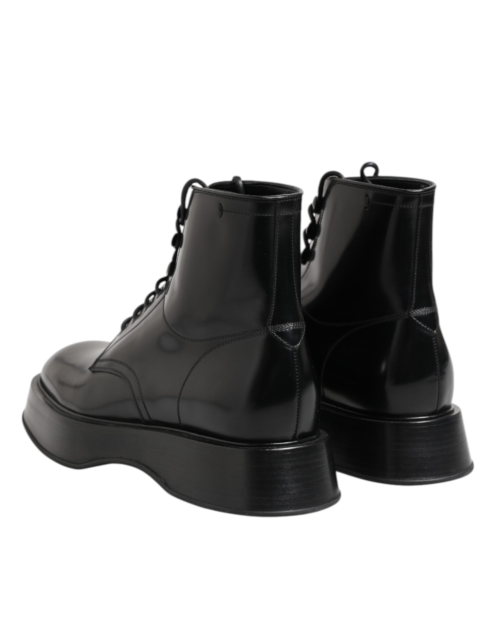 Dolce & Gabbana Black Leather Logo Ankle Boots Lace Up Shoes