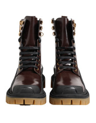 Dolce & Gabbana Brown Black Leather Boots Zipper Lace Up Shoes