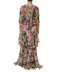 Dolce & Gabbana Pink Floral Print Tiered Long Maxi Dress