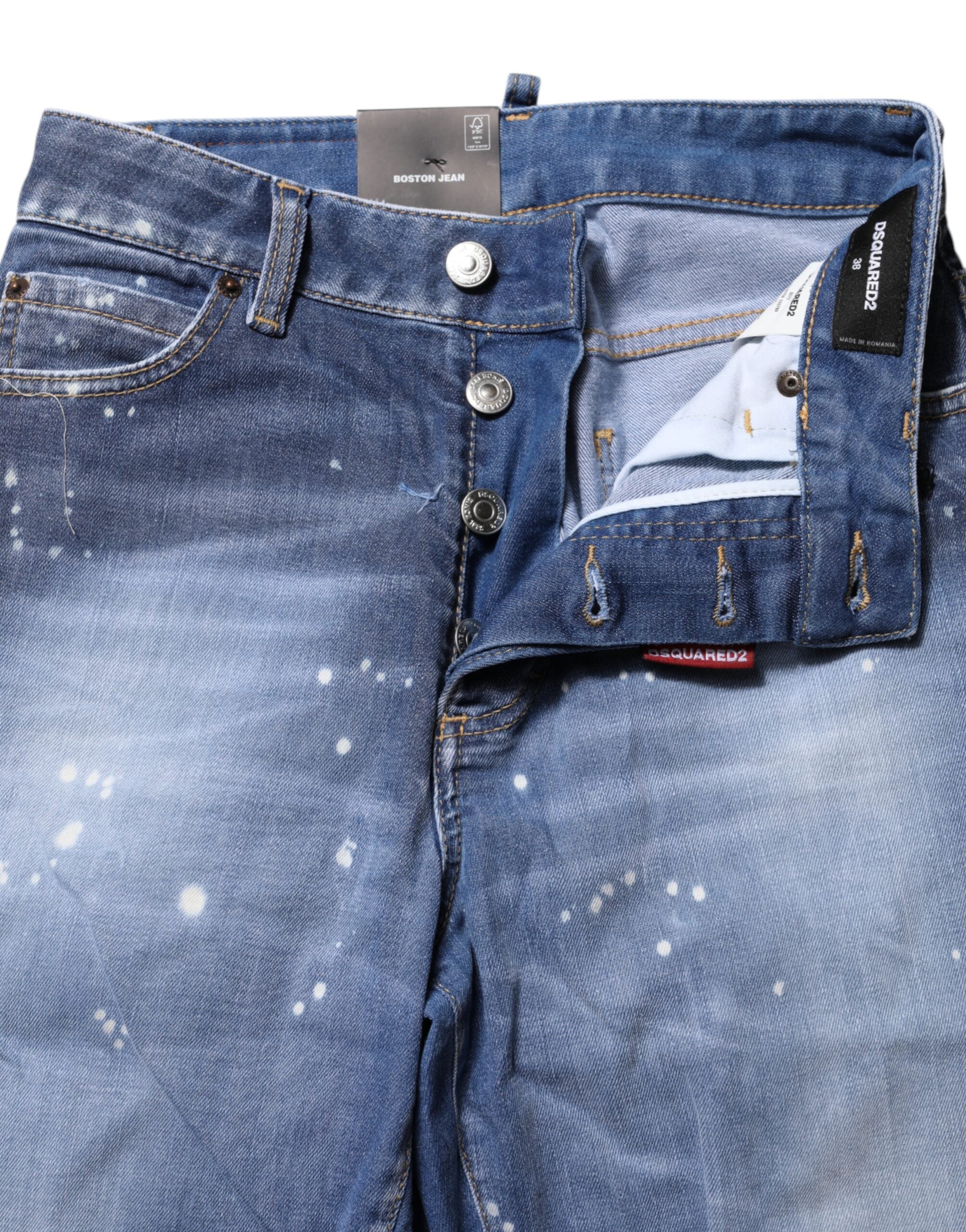 Blå tvättade bomullsjeans med medelhög midja och raka ben