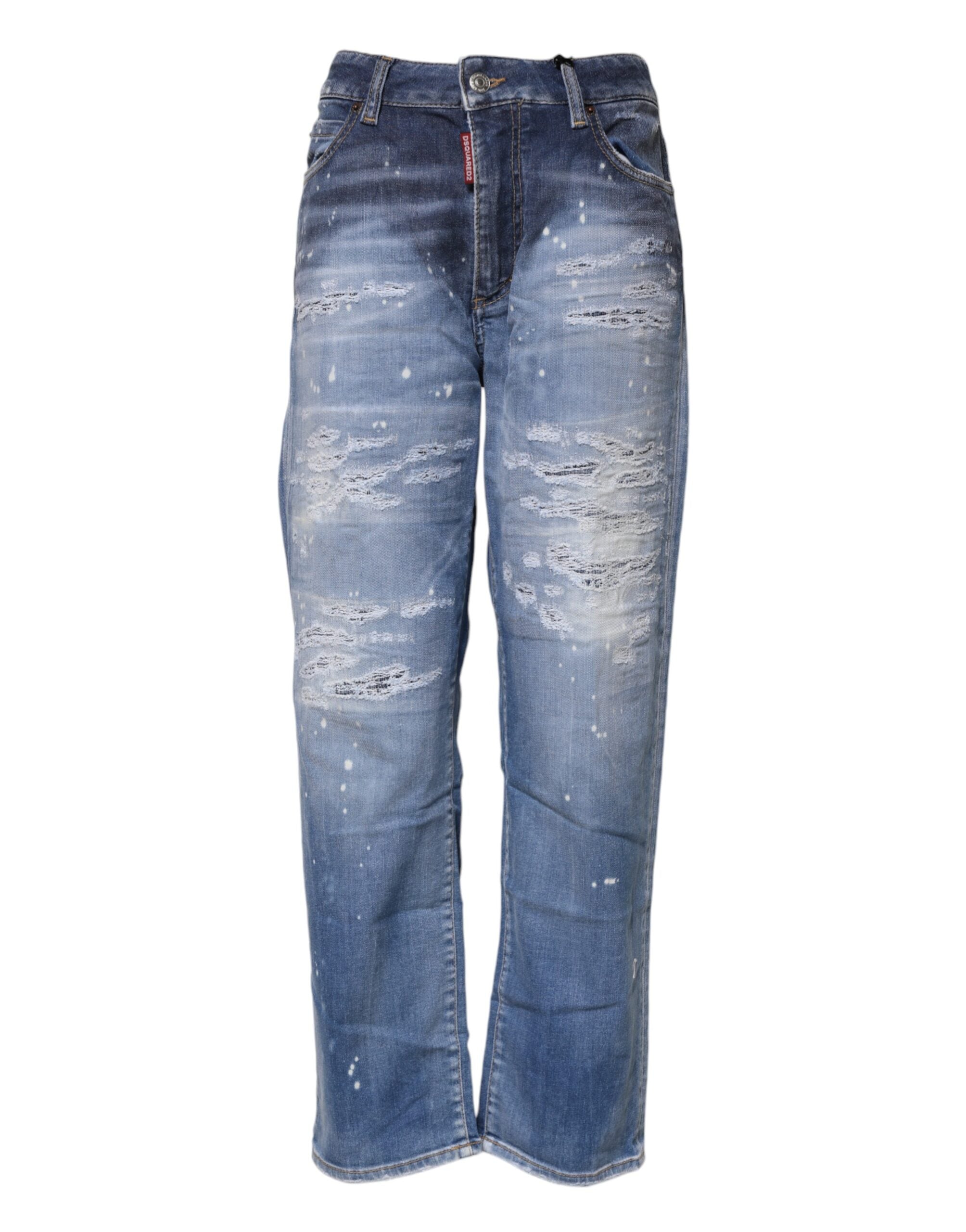 Blå raka jeans med mellanhög midja och trasiga bomullsdetaljer