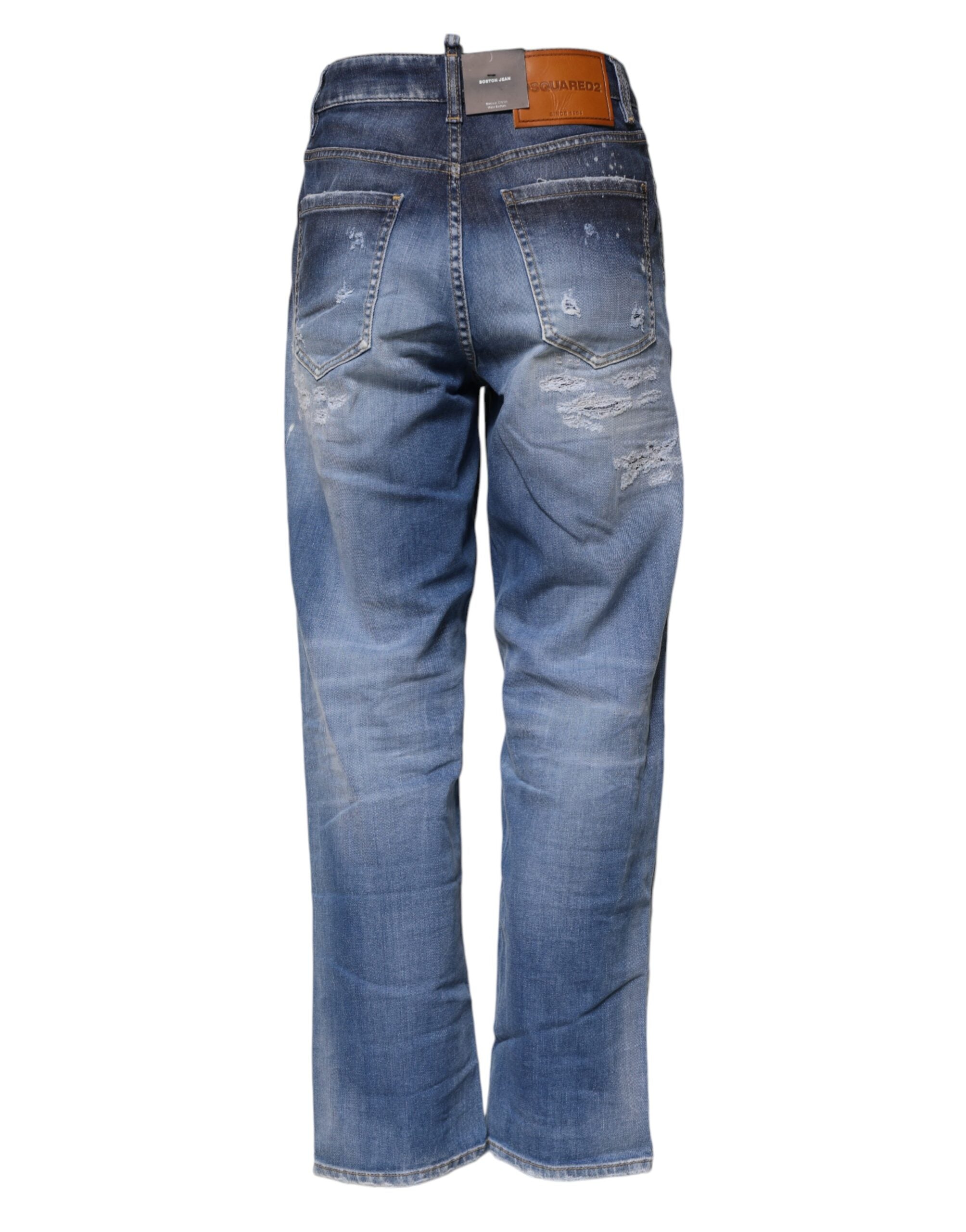 Blå raka jeans med mellanhög midja och trasiga bomullsdetaljer