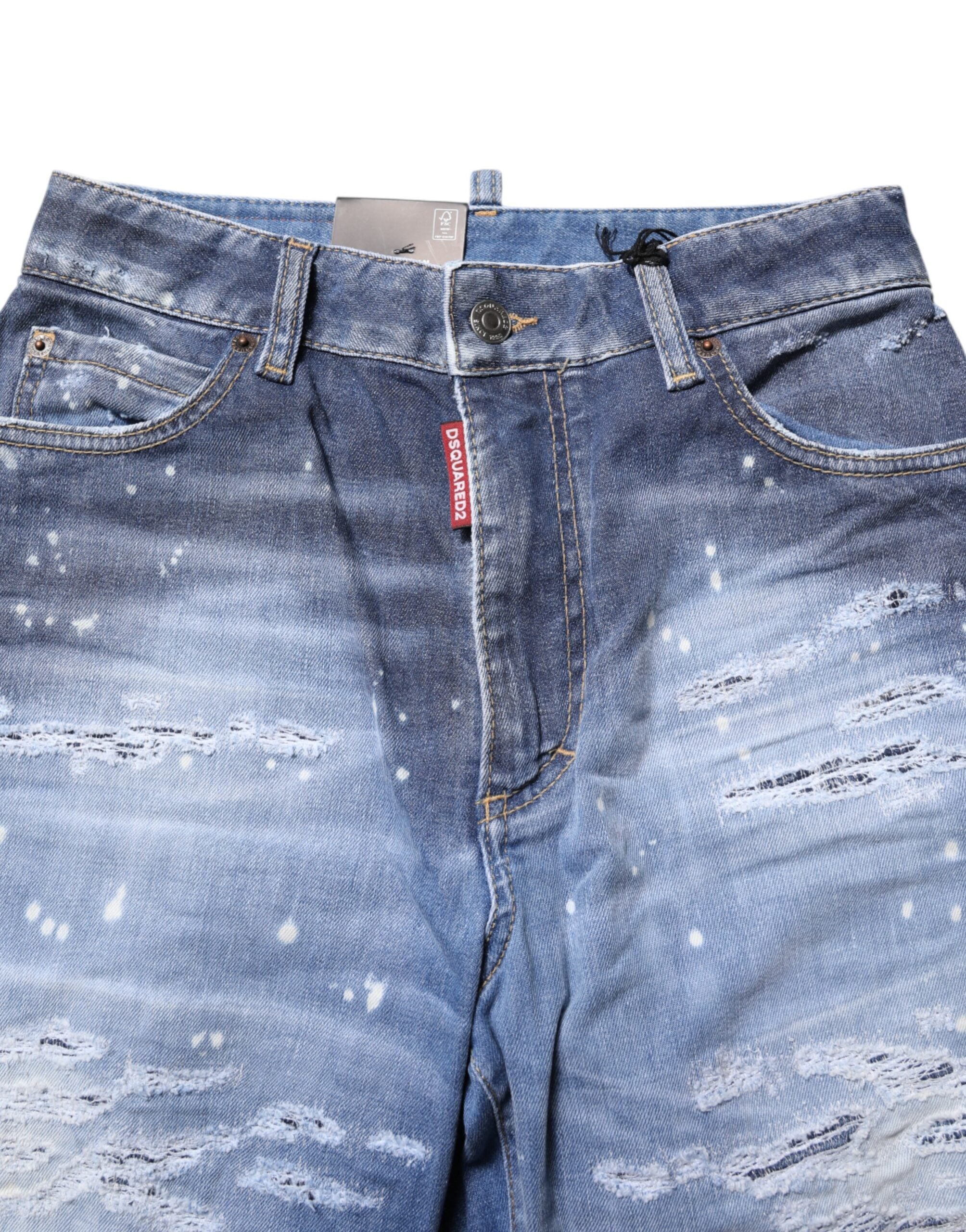 Blå raka jeans med mellanhög midja och trasiga bomullsdetaljer