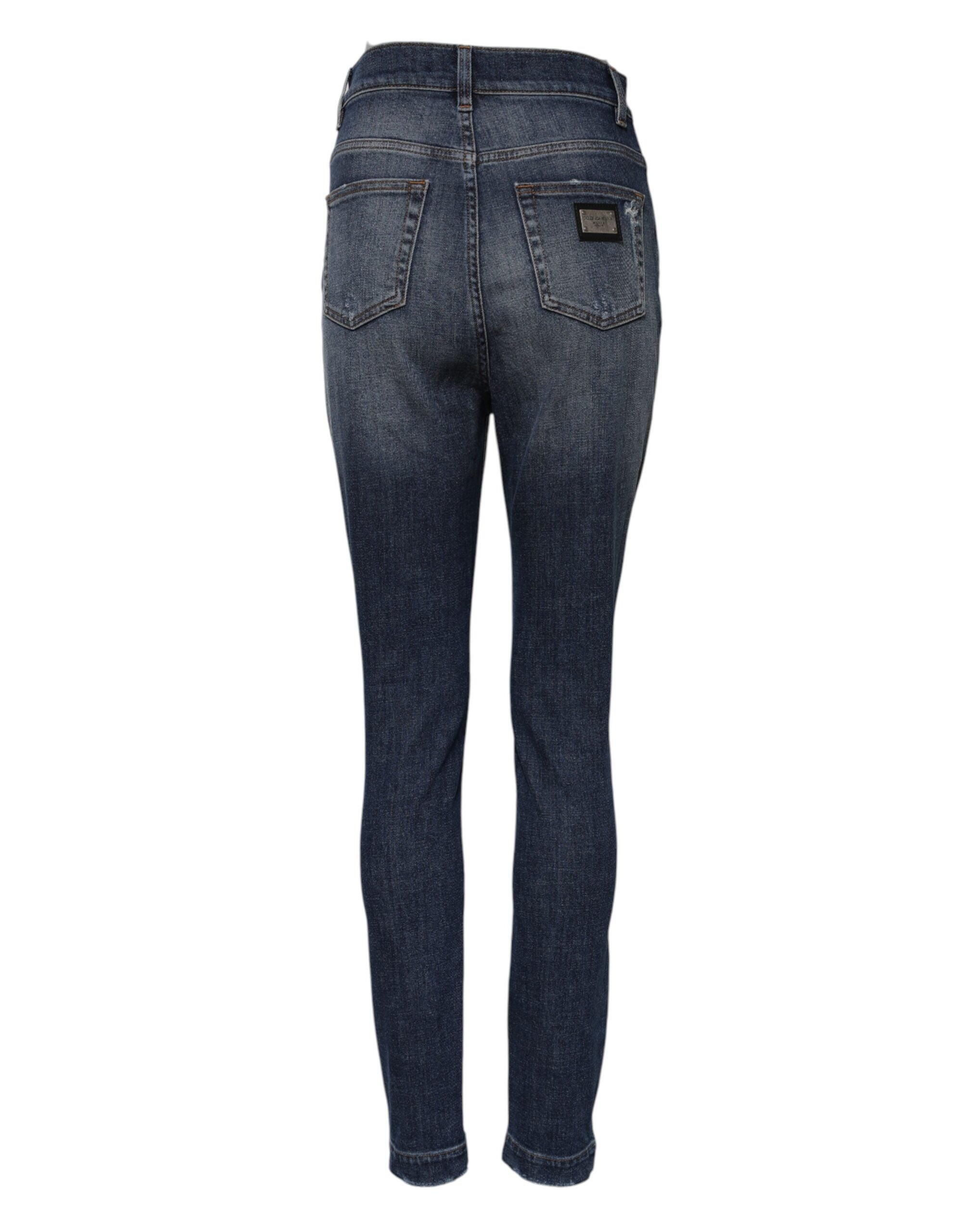 Blå tvättade bomullsjeans med hög midja