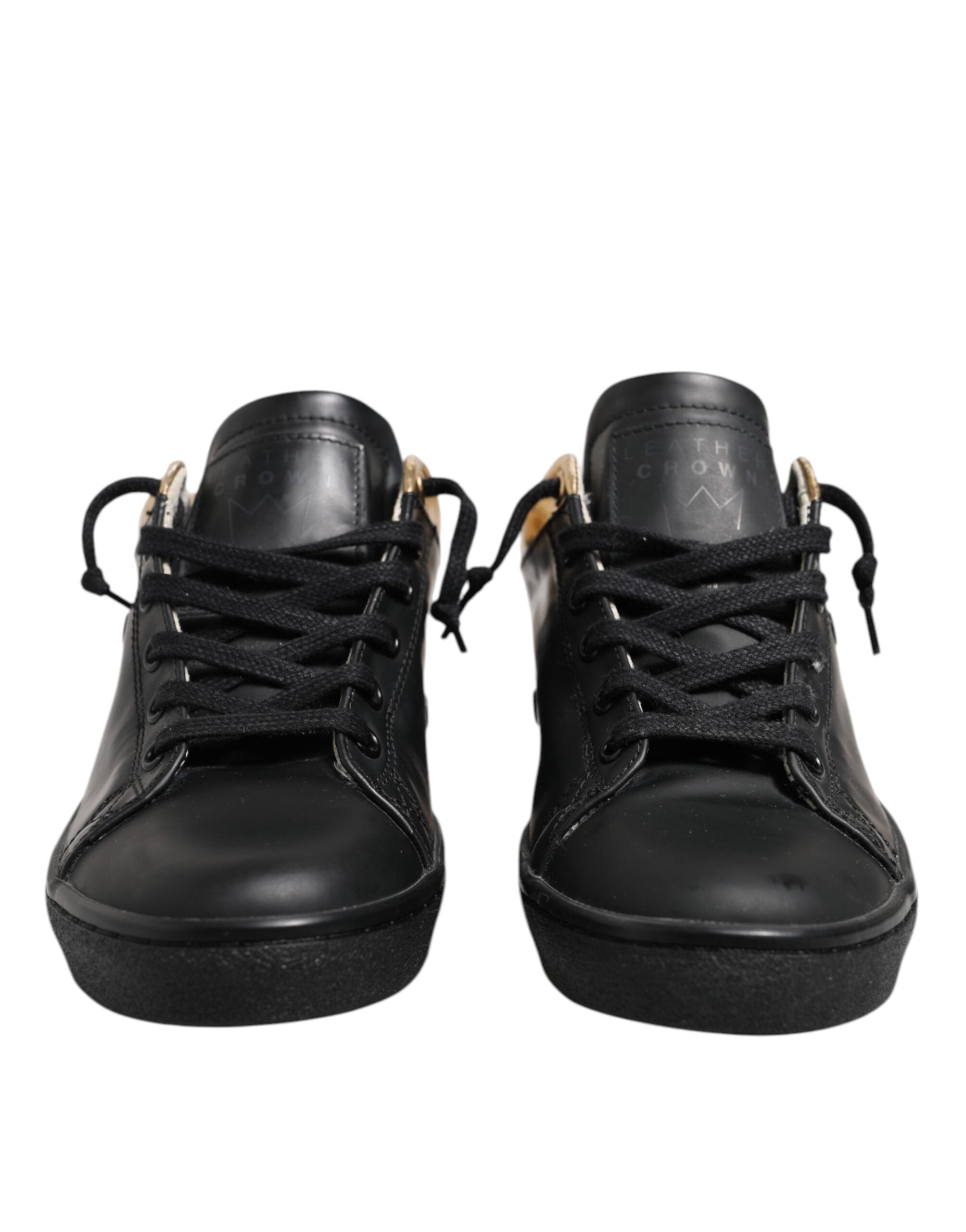 Leather Crown Black Gold Lace Up Low Top Women Sneakers Shoes