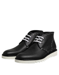 Dolce & Gabbana Black White Leather Ankle Boots Shoes