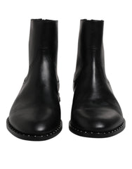 Dolce & Gabbana Black Leather Logo Ankle Boots Studded Shoes