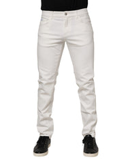 Dolce & Gabbana White Cotton Logo Plaque Slim Fit Denim Jeans