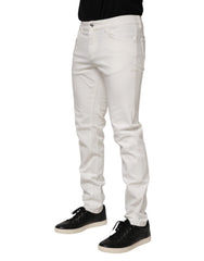 Dolce & Gabbana White Cotton Logo Plaque Slim Fit Denim Jeans