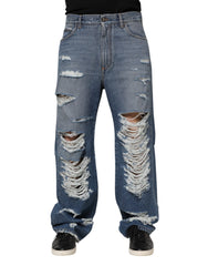 Dolce & Gabbana Blue Tattered Cotton Logo Plaque Denim Jeans