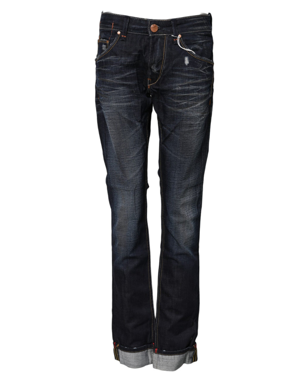 Blå tvättade bomullsjeans med medelhög midja och utsvängda denim