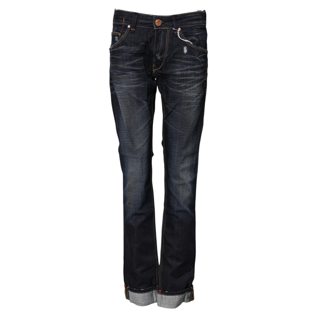 Blå tvättade bomullsjeans med medelhög midja och utsvängda denim