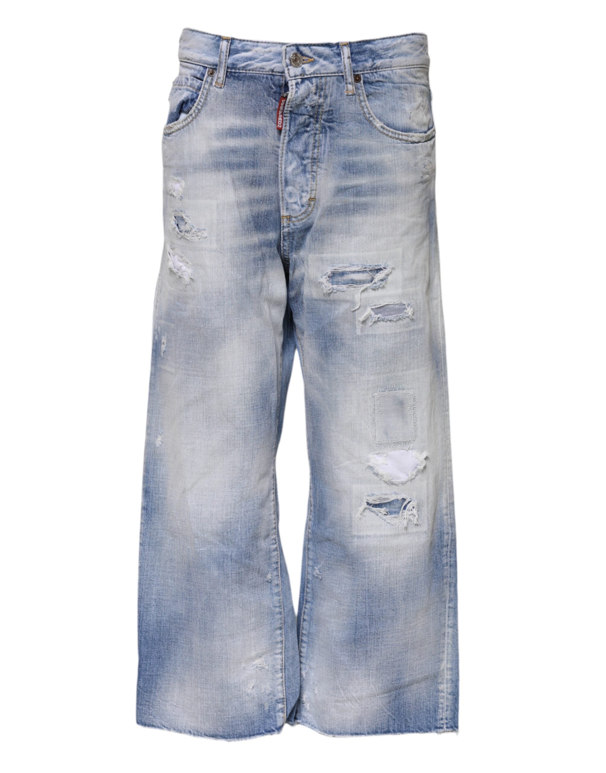 Blå tvättade jeans med hög midja och vida ben