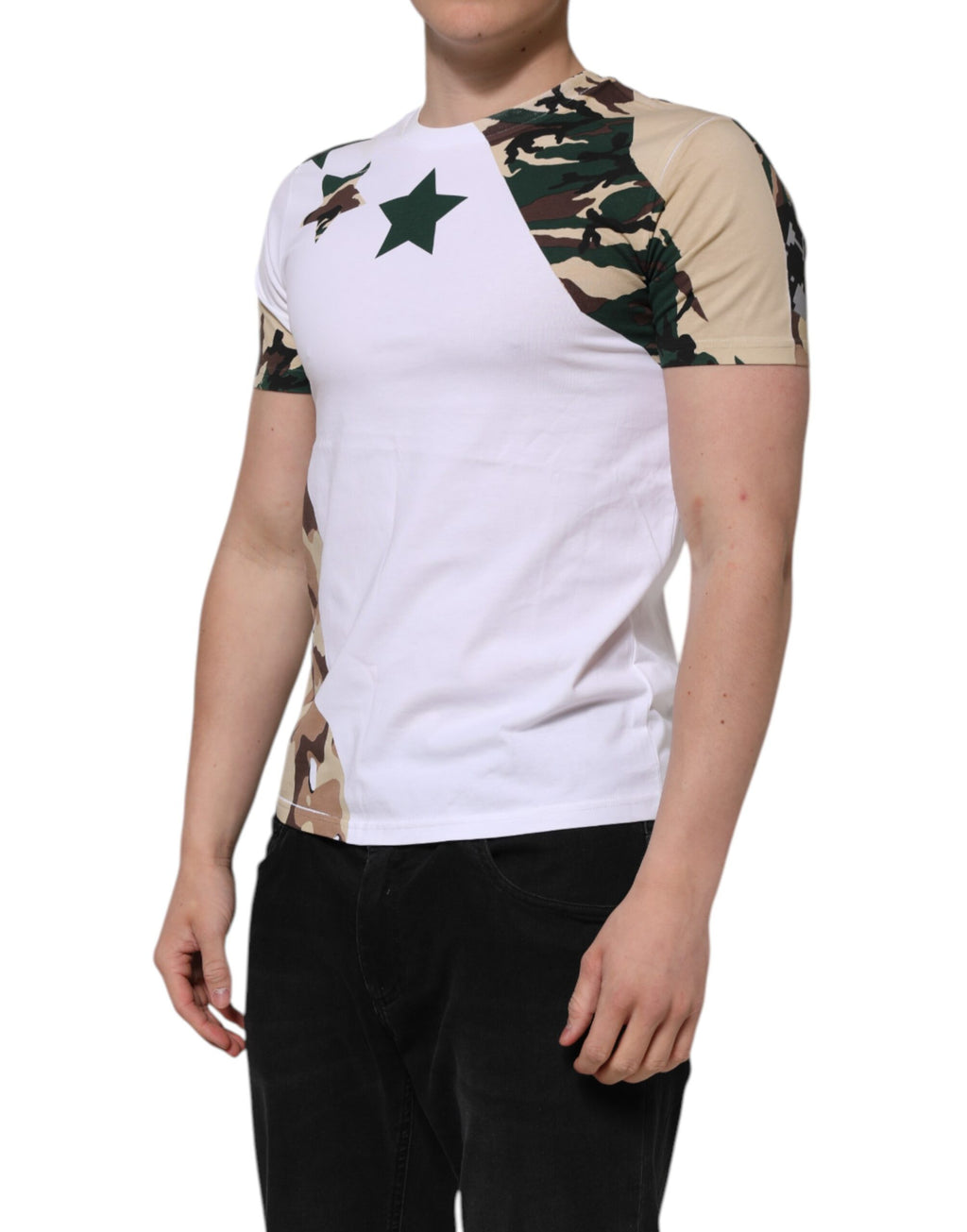 Vit kamouflagefärgad bomulls-t-shirt för män med rund hals