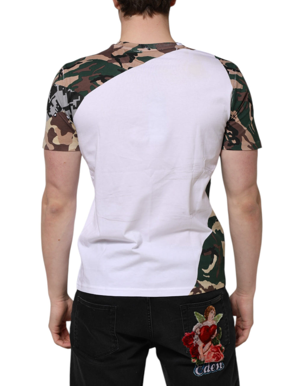 Vit kamouflagefärgad bomulls-t-shirt för män med rund hals