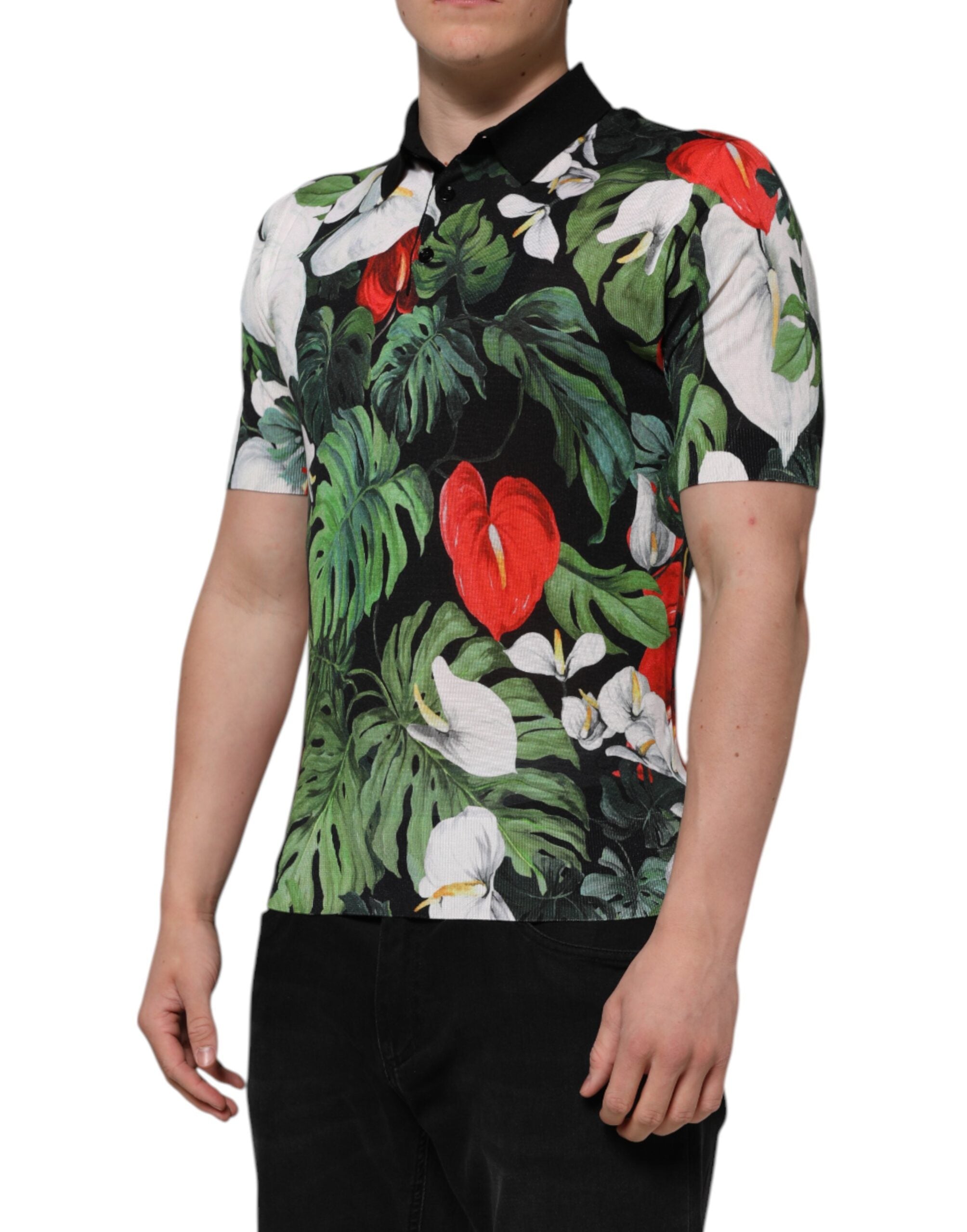 Flerfärgad blommig sidenpolo-t-shirt med krage