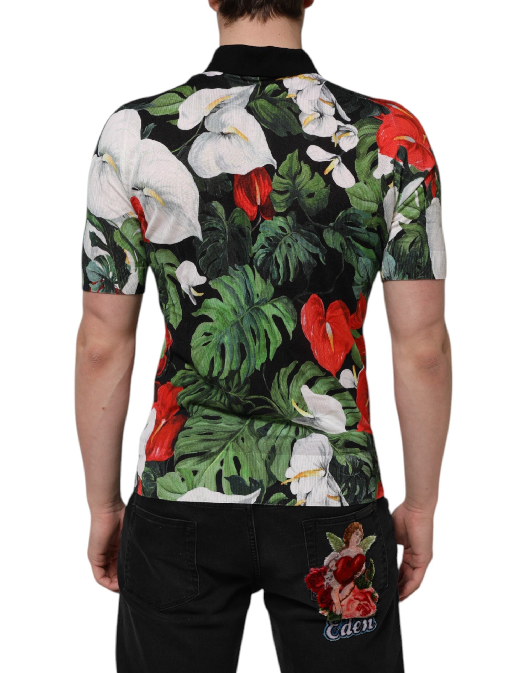 Flerfärgad blommig sidenpolo-t-shirt med krage
