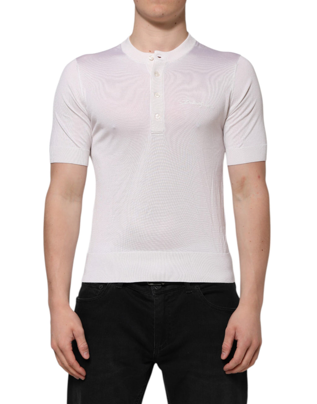 Vit siden kortärmad herr Henley T-shirt