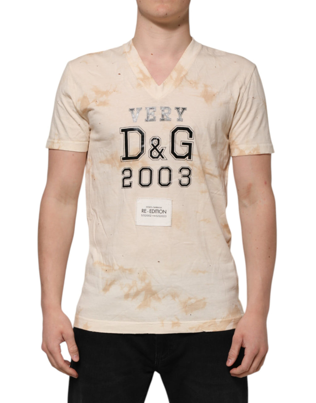 Beige T-skjorte med logotrykk og korte ermer og V-hals