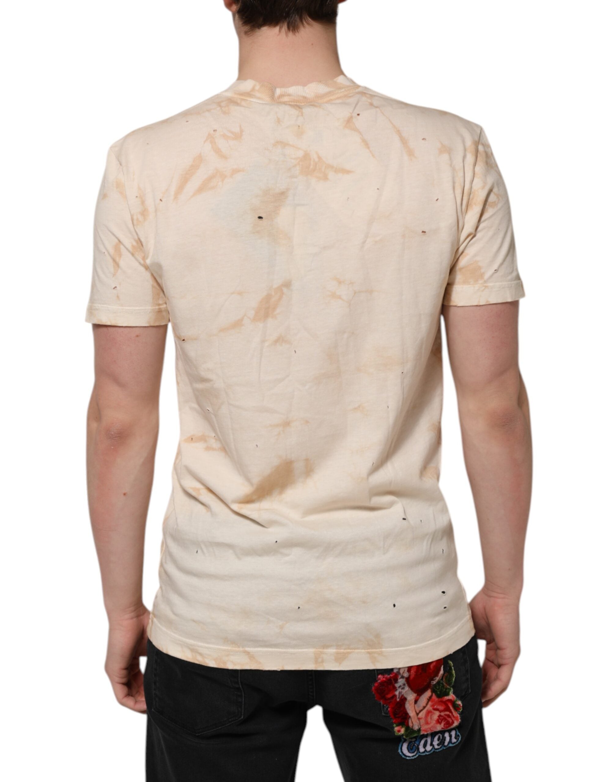 Beige T-skjorte med logotrykk og korte ermer og V-hals