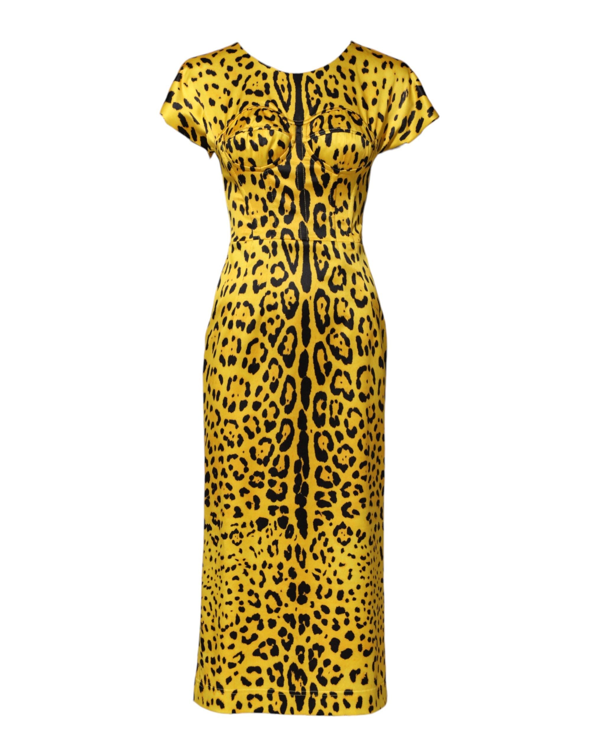 Gul polyester leopardfärgad midiklänning