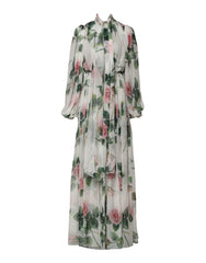 Dolce & Gabbana White Floral Roses Silk Maxi Long Gown Dress