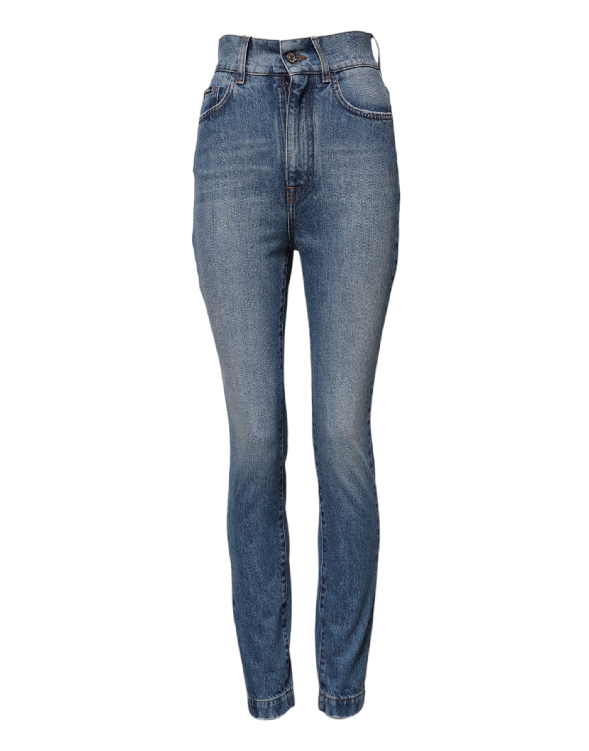 Blå tvättade skinny jeans med hög midja