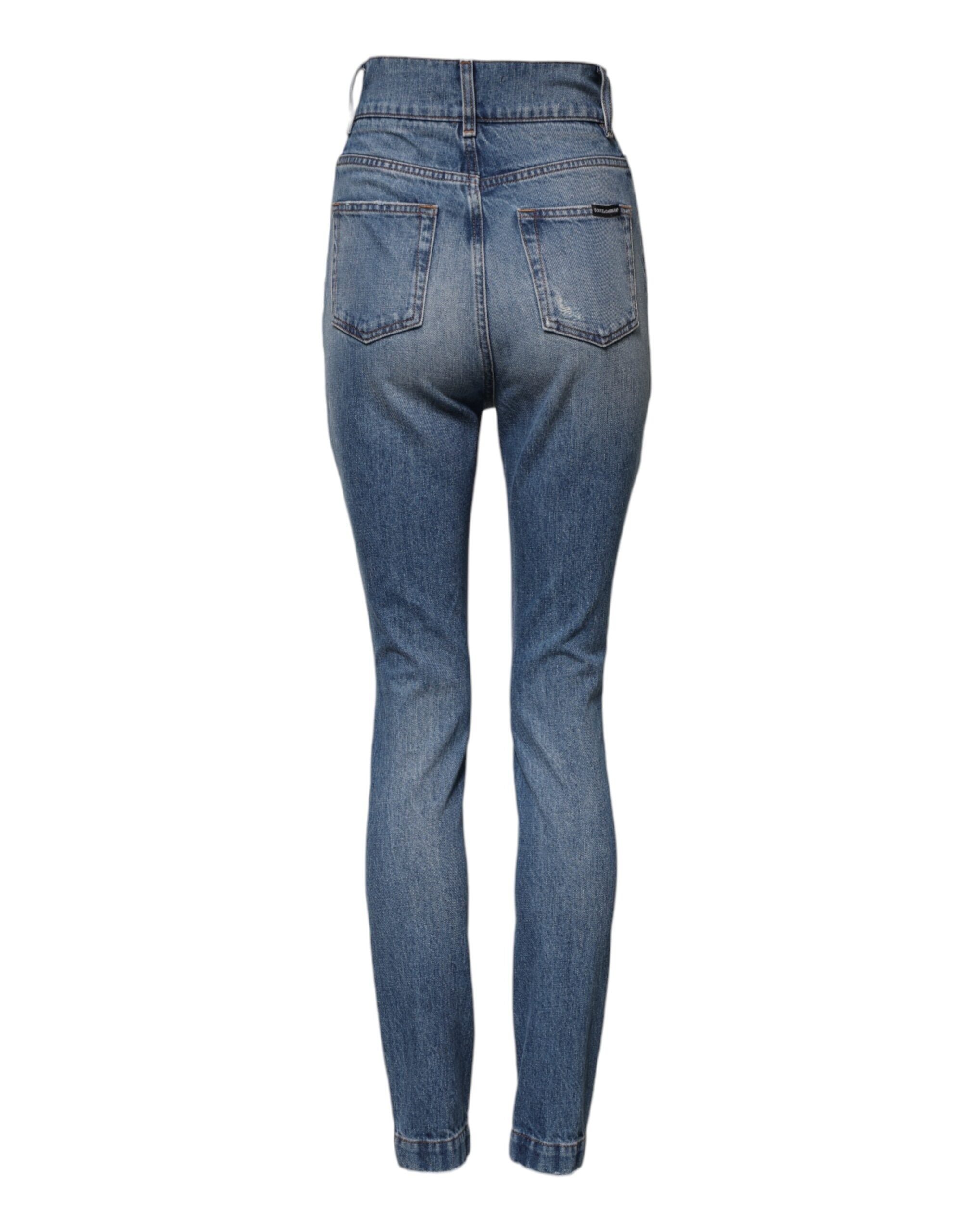 Blå tvättade skinny jeans med hög midja