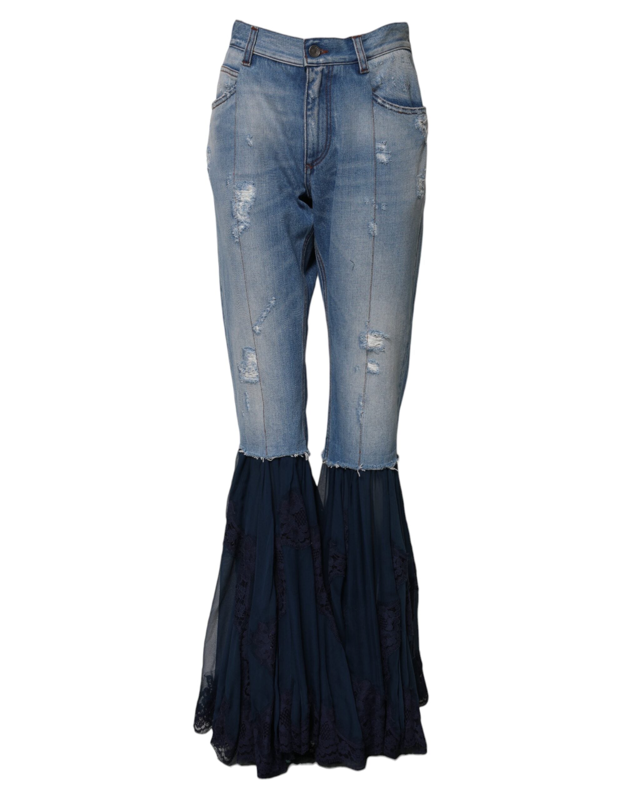 Blå bomullsjeans med hög midja och utsvängda denimdetaljer 