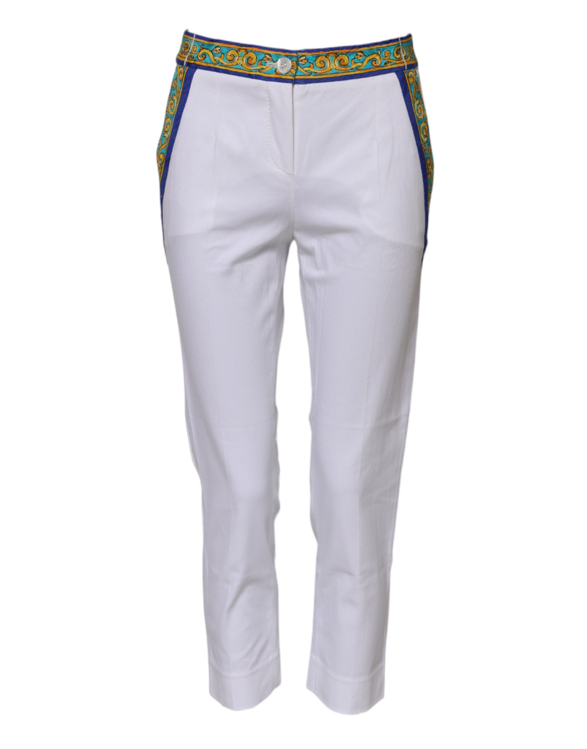 Dolce & Gabbana White Cotton Mid Waist Tapered Trouser Pants