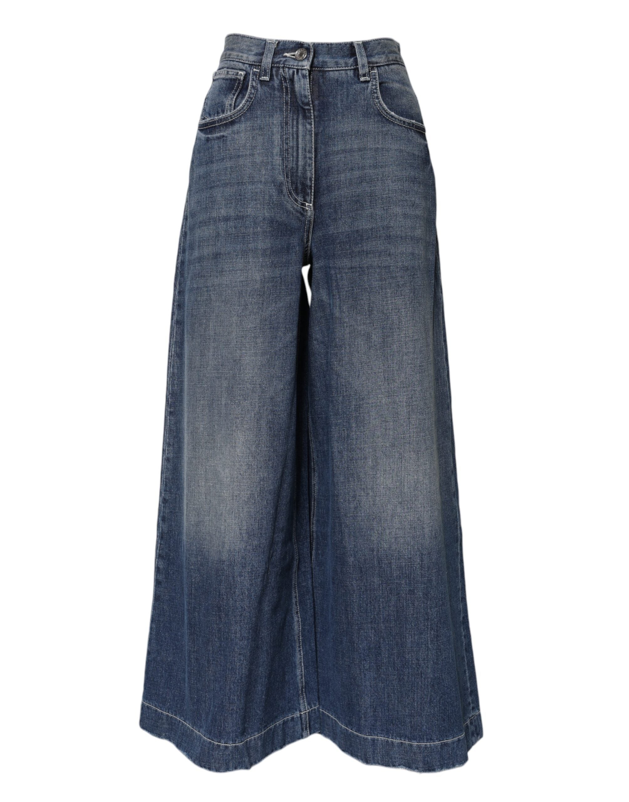 Blå bomullsjeans med hög midja och vida ben 