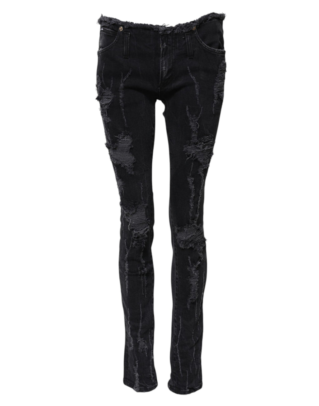 Svarta, slitna, smala denimjeans i bomull 
